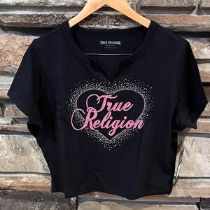 True Religion Crystal Heart Logo Notched Black Cropped Short Sleeve Tee